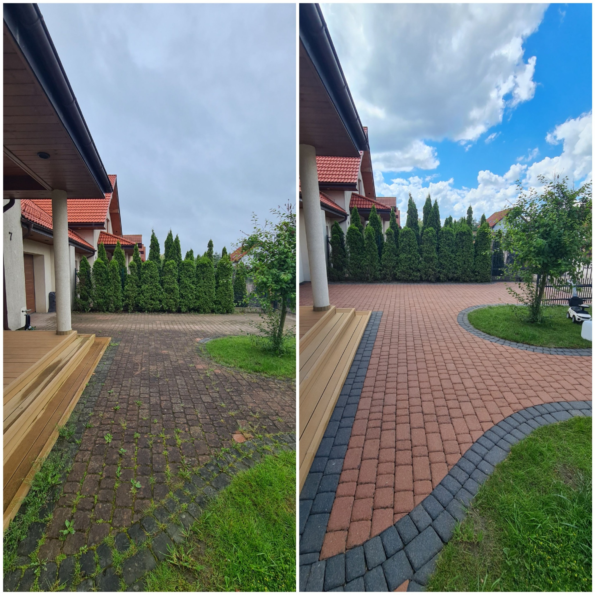 Porównanie kostki brukowej przed i po czyszczeniu: po lewej stronie brudna, porośnięta mchem, po prawej stronie czysta, w kolorze ceglastym, z obrzeżem z szarej kostki, dom w tle.