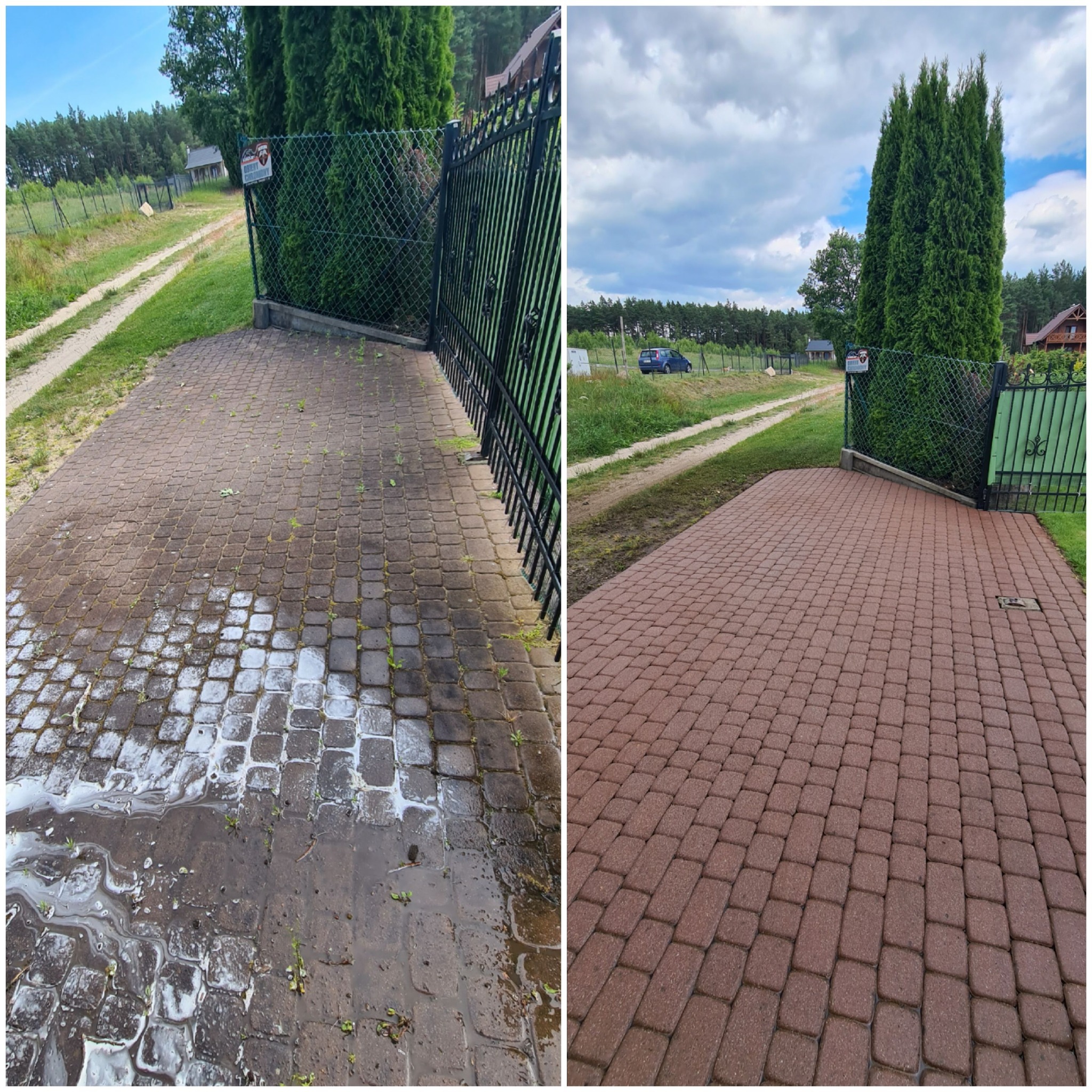 Porównanie kostki brukowej przed i po czyszczeniu w Gdyni, widoczne różnice w kolorze i czystości, z lewej strony mokra i zabrudzona, z prawej sucha i czysta.