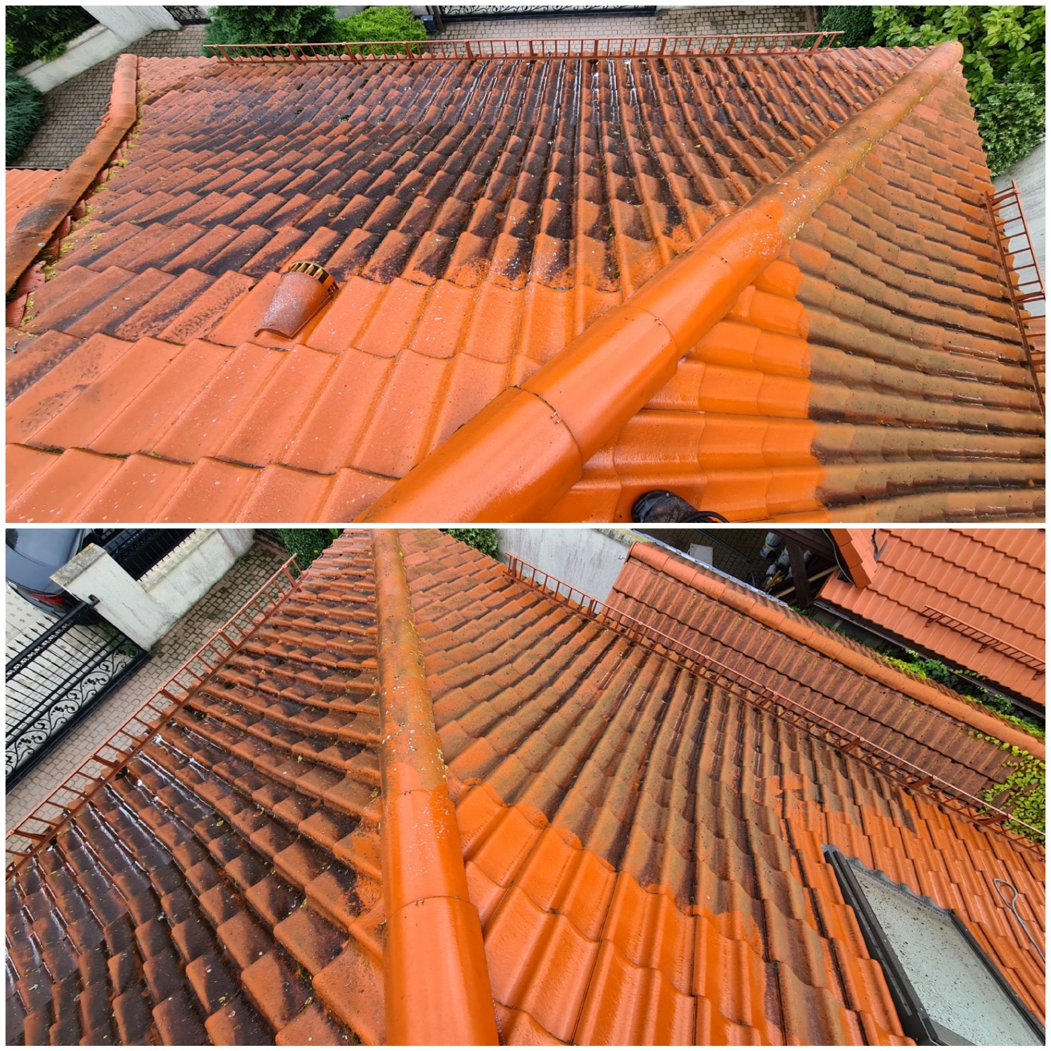 Częściowo umyty dach z czerwonej dachówki, widoczna różnica między czystą i brudną powierzchnią, rynna pomalowana na pomarańczowo, ujęcie z góry.