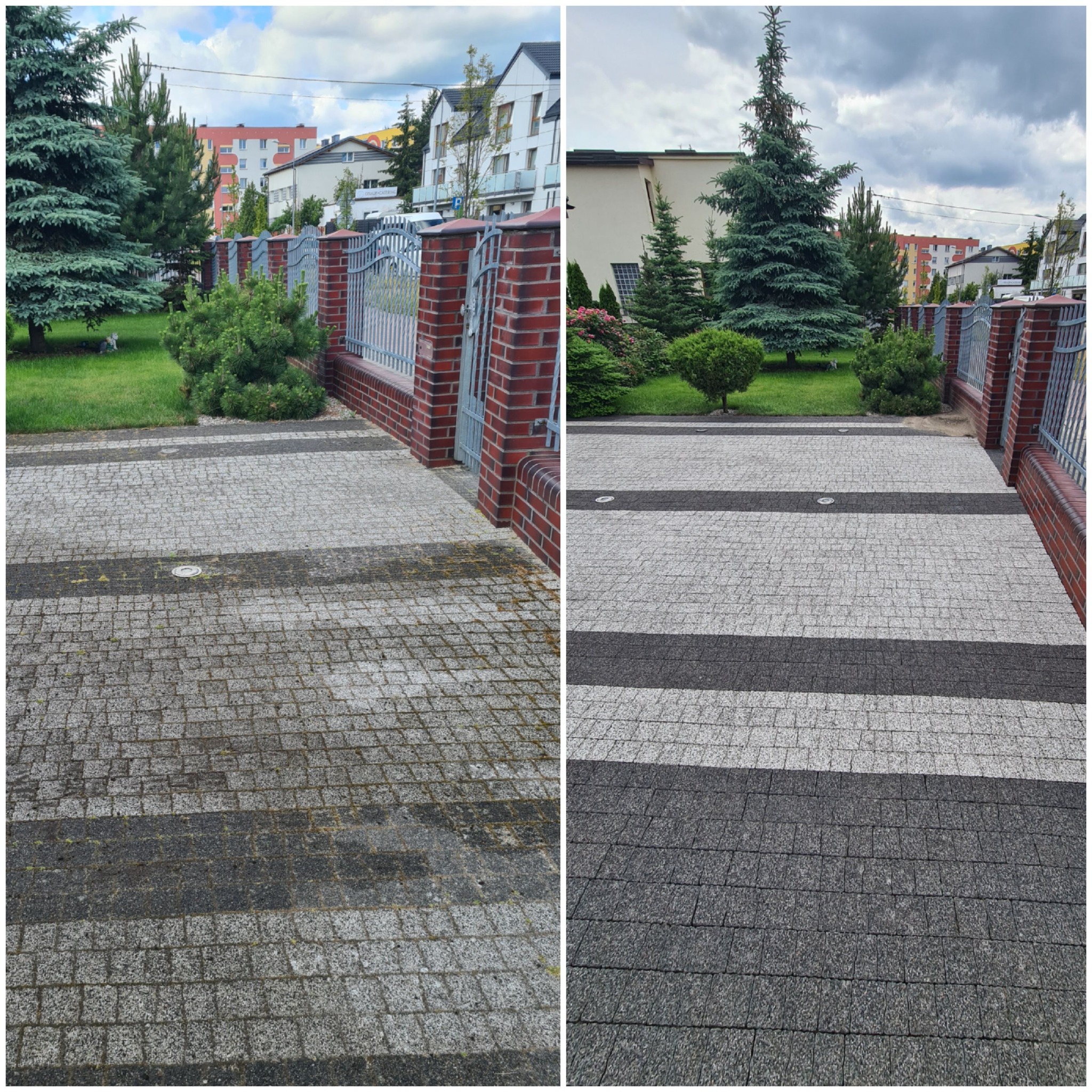 Porównanie kostki brukowej przed i po czyszczeniu: po lewej stronie zabrudzona, porośnięta mchem, po prawej stronie czysta, z widoczną strukturą kamienia, na tle ogrodzenia z cegły i zieleni.