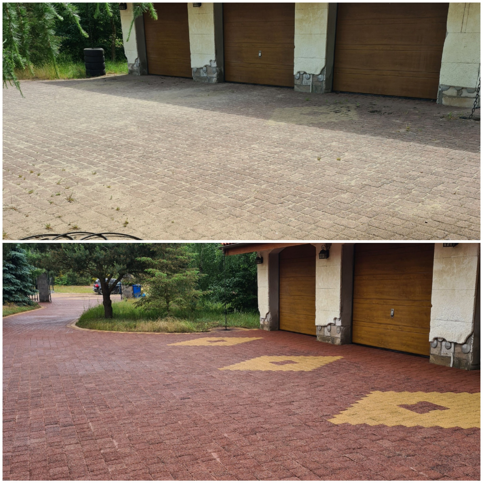 Porównanie stanu kostki brukowej przed i po czyszczeniu, widoczne różnice w kolorze i usunięte zabrudzenia, z tłem obejmującym garaże i elementy zieleni.