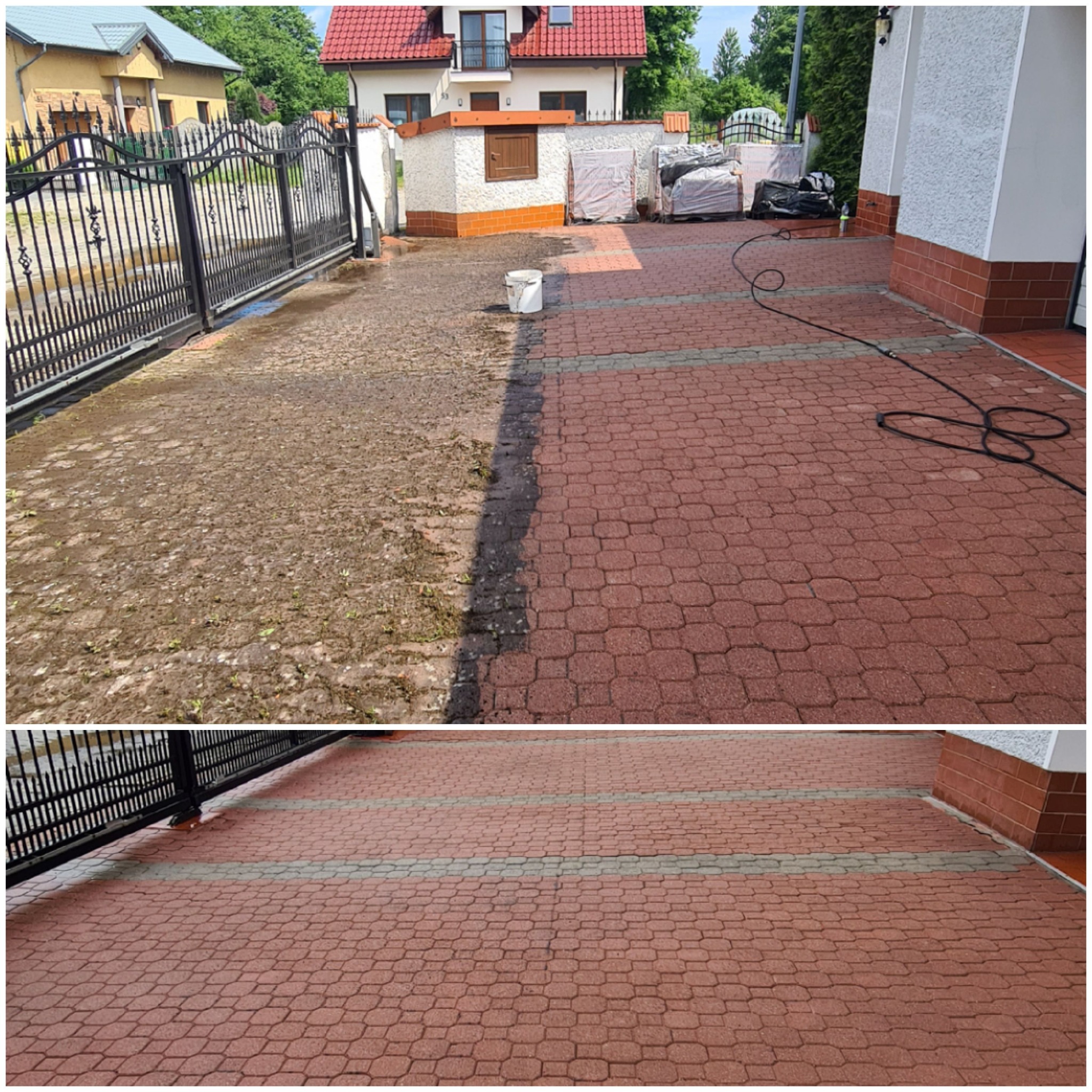 Częściowo wyczyszczona czerwona kostka brukowa na podjeździe, widoczna różnica między brudną a czystą powierzchnią, w tle brama i budynek mieszkalny.