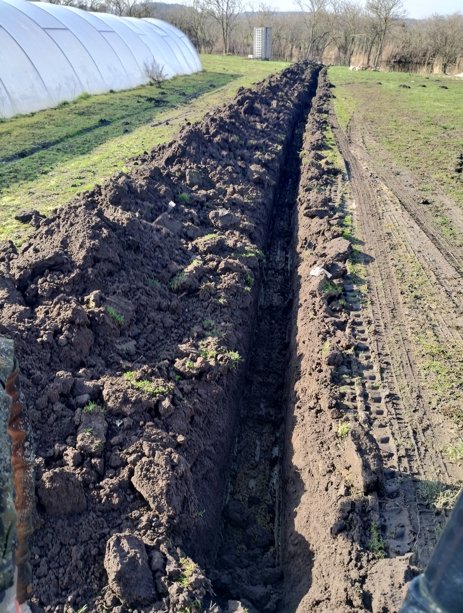 Wykopany głęboki rów w ziemi w Choceniu, widoczne ślady opon obok, w tle szklarnia.