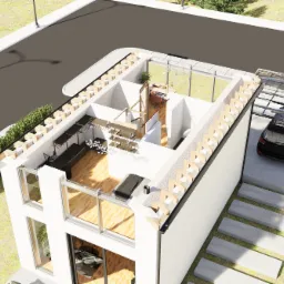 Wizualizacja 3D przekroju domu z widocznym wnętrzem, w tym sypialnią, garderobą i biurem, z zadaszonym miejscem parkingowym i samochodem na zewnątrz.