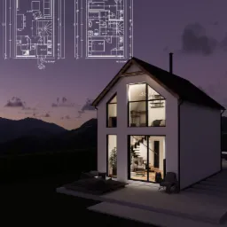 Wizualizacja 3D nowoczesnego domu jednorodzinnego z dwuspadowym dachem, dużymi oknami i tarasem, na tle górskiego krajobrazu o zmierzchu; widoczne plany architektoniczne nałożone na obraz.