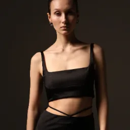 Portret kobiety w czarnym topie i spódnicy, z delikatnym oświetleniem podkreślającym rysy twarzy, w tle ciemnoszary gradient.