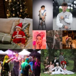 Kolaż zdjęć: uśmiechnięte dziecko w stroju Świętego Mikołaja leżące na łóżku przy choince, portret młodej kobiety z różowymi balonami, para w strojach retro na moście, ludzie bawiący się proszkami...