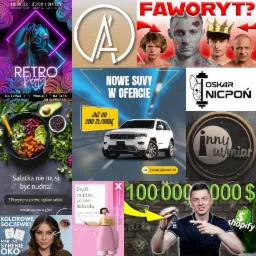 Zestaw różnorodnych reklam graficznych: impreza retro, oferta SUV-ów, sałatka, soczewki kolorowe, kursy online, logo firmowe, co sugeruje szeroki zakres usług marketingowych.