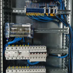 Rozdzielnia elektryczna z precyzyjnie ułożonymi niebieskimi przewodami, oznaczonymi żółtymi etykietami, zamontowana w metalowej obudowie z szynami DIN.