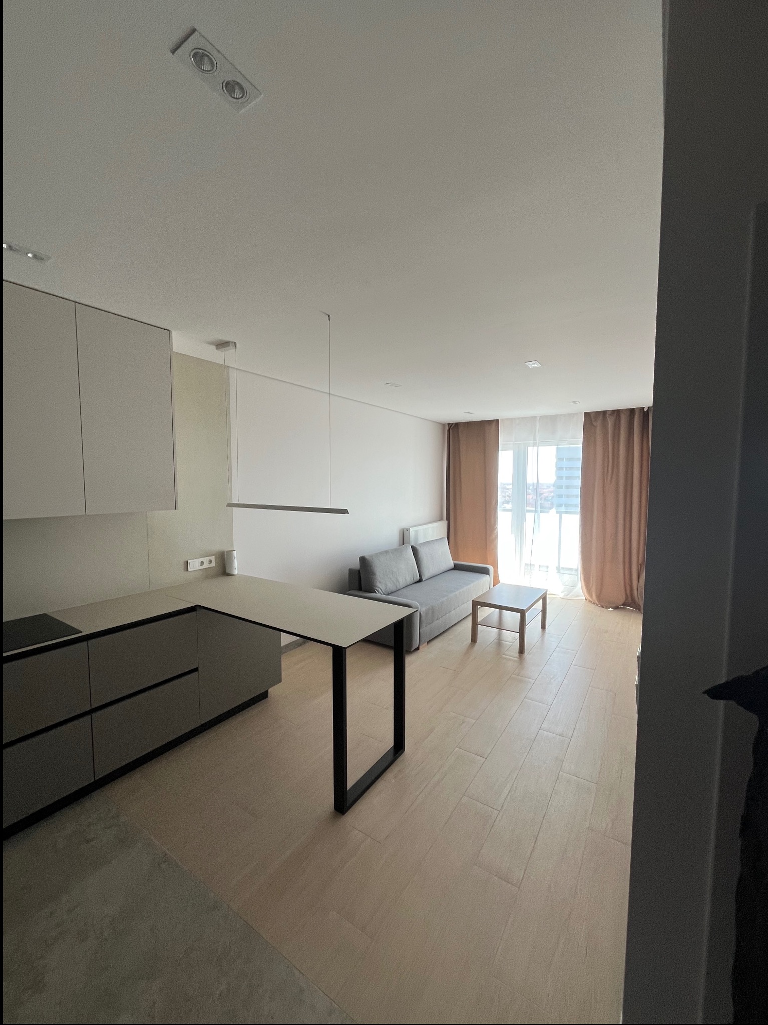 Jasne, nowoczesne wnętrze z kuchnią w odcieniach szarości, drewnianą podłogą i szarą sofą. Widok z perspektywy wejścia, minimalistyczny design, stonowana kolorystyka.