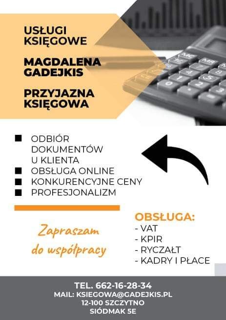 Grafika reklamowa biura rachunkowego w Szczytnie, prezentująca zakres usług: odbiór dokumentów u klienta, obsługa online, konkurencyjne ceny, profesjonalizm, VAT, KPIR, ryczałt oraz kadry i płace.