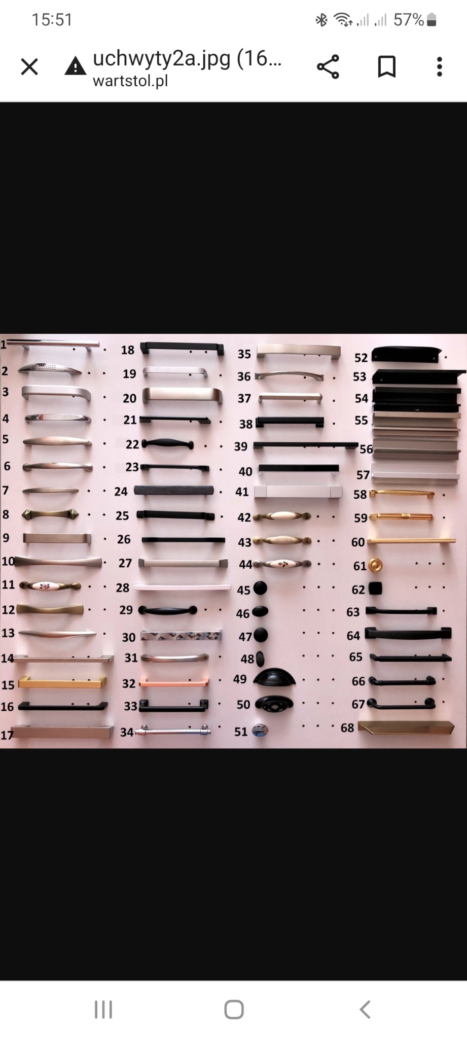 Ekspozycja różnorodnych uchwytów meblowych, w tym podłużnych, gałek i relingów, prezentowanych na białej planszy z numeracją od 1 do 68.