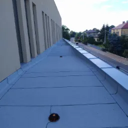 Płaski dach pokryty szarą membraną bitumiczną z widocznym kominkiem wentylacyjnym i obróbką blacharską, budynek z długimi oknami w tle.