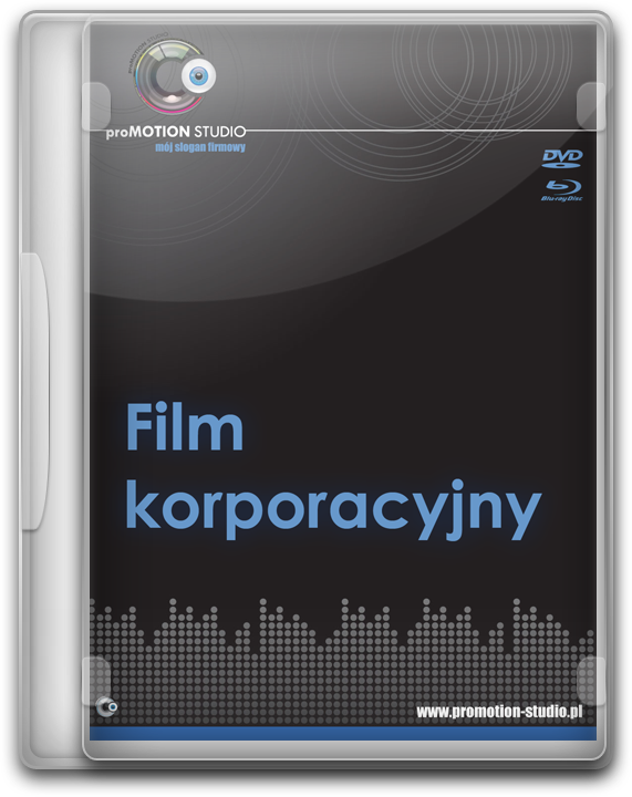 Pudełko DVD z napisem 'Film korporacyjny', logo 'proMOTION STUDIO' i adresem strony internetowej. Grafika w odcieniach szarości i niebieskiego.