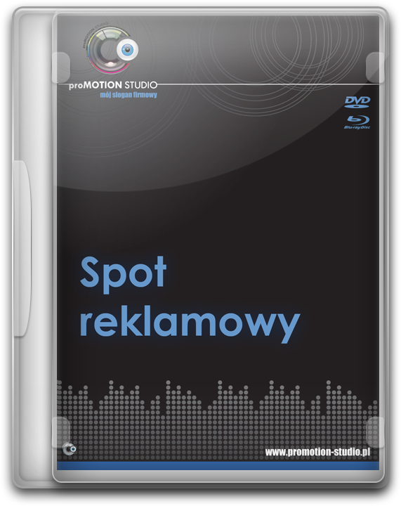 Pudełko DVD z grafiką promującą film korporacyjny, z logo 'proMOTION STUDIO', hasłem 'mój slogan firmowy' oraz napisem 'Spot reklamowy' na czarnym tle z motywem graficznym przypominającym equalizer.