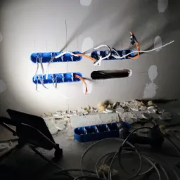 Ściana w trakcie remontu z widocznymi niebieskimi puszkami instalacyjnymi, przewodami elektrycznymi w kolorze białym i pomarańczowym, otworem na gniazdko oraz narzędziami i elementami instalacji...