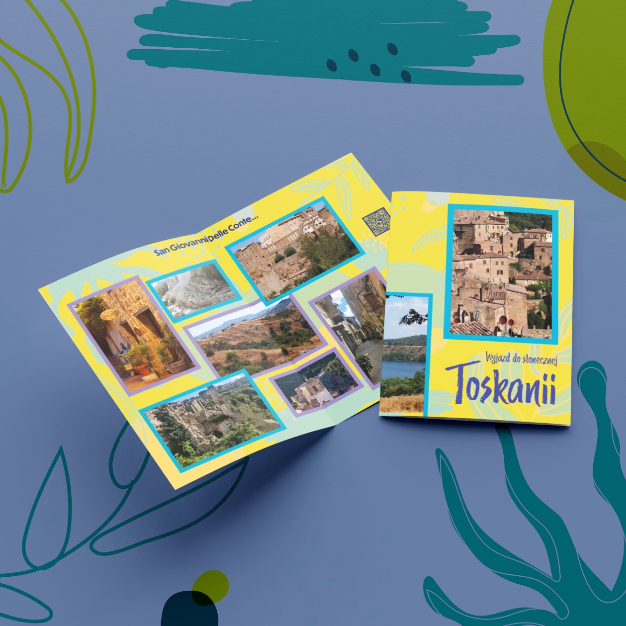 Rozłożona i złożona ulotka reklamowa z motywem Toskanii, prezentująca zdjęcia krajobrazów i architektury, umieszczona na niebieskim tle z zielonymi, abstrakcyjnymi elementami graficznymi.