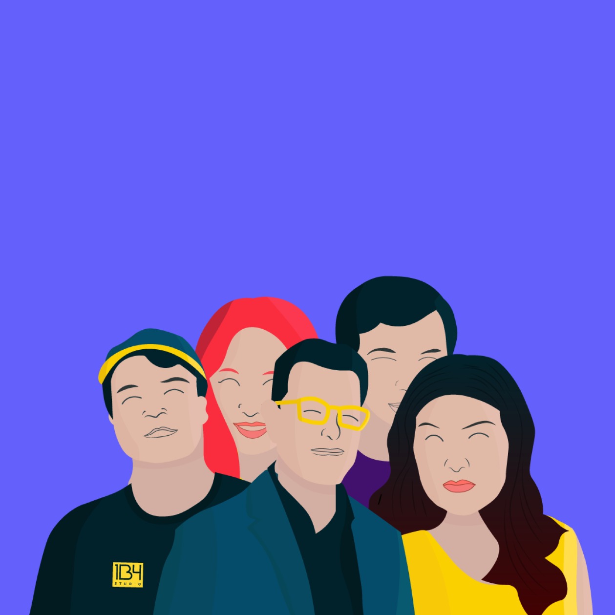 Ilustracja wektorowa przedstawiająca zespół pięciu osób na fioletowym tle, w stylu płaskich, uproszczonych portretów z minimalnymi detalami twarzy i różnymi kolorami włosów i ubrań.