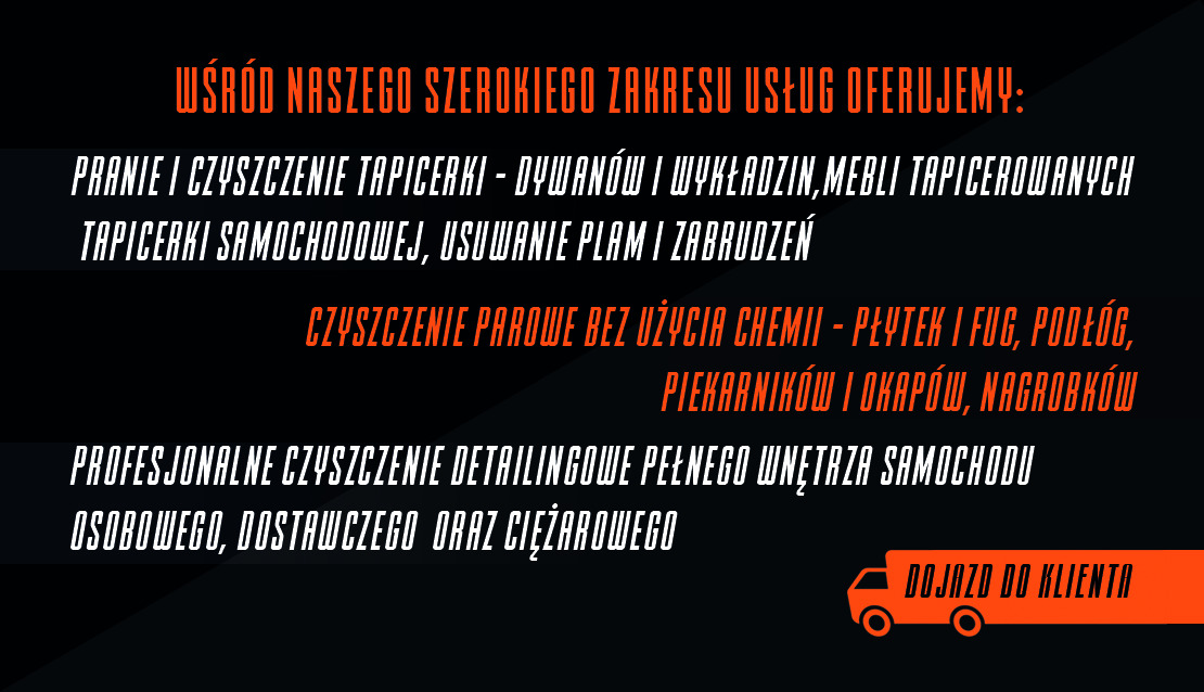 Grafika reklamowa z listą usług: pranie tapicerki meblowej i samochodowej, czyszczenie parowe bez chemii, detailing wnętrz samochodów, dojazd do klienta.