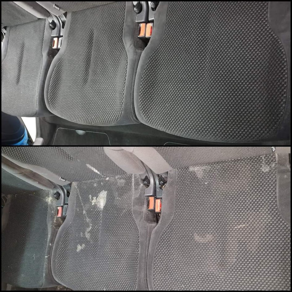 Porównanie tapicerki samochodowej przed i po czyszczeniu: widoczne różnice w czystości i wyglądzie struktury materiału.