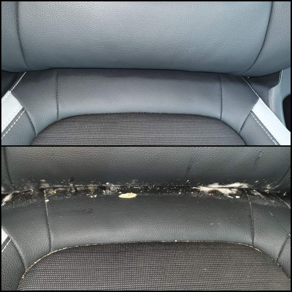 Tapicerka samochodowa w kolorze czarnym przed i po czyszczeniu, widoczne zabrudzenia na dolnej części siedzenia.
