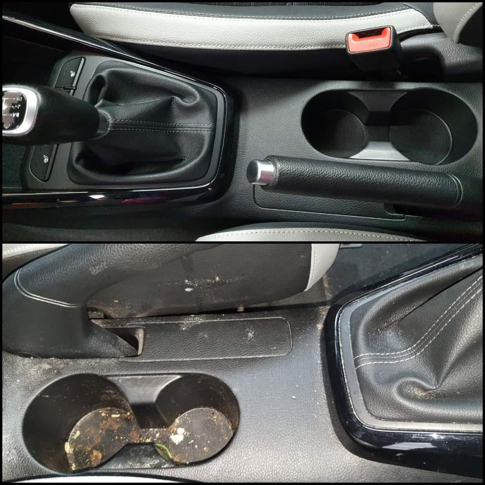 Porównanie wnętrza samochodu przed i po czyszczeniu: konsola środkowa z widocznymi zabrudzeniami na uchwytach na napoje i tapicerce, oraz jej odświeżony wygląd po zabiegu.