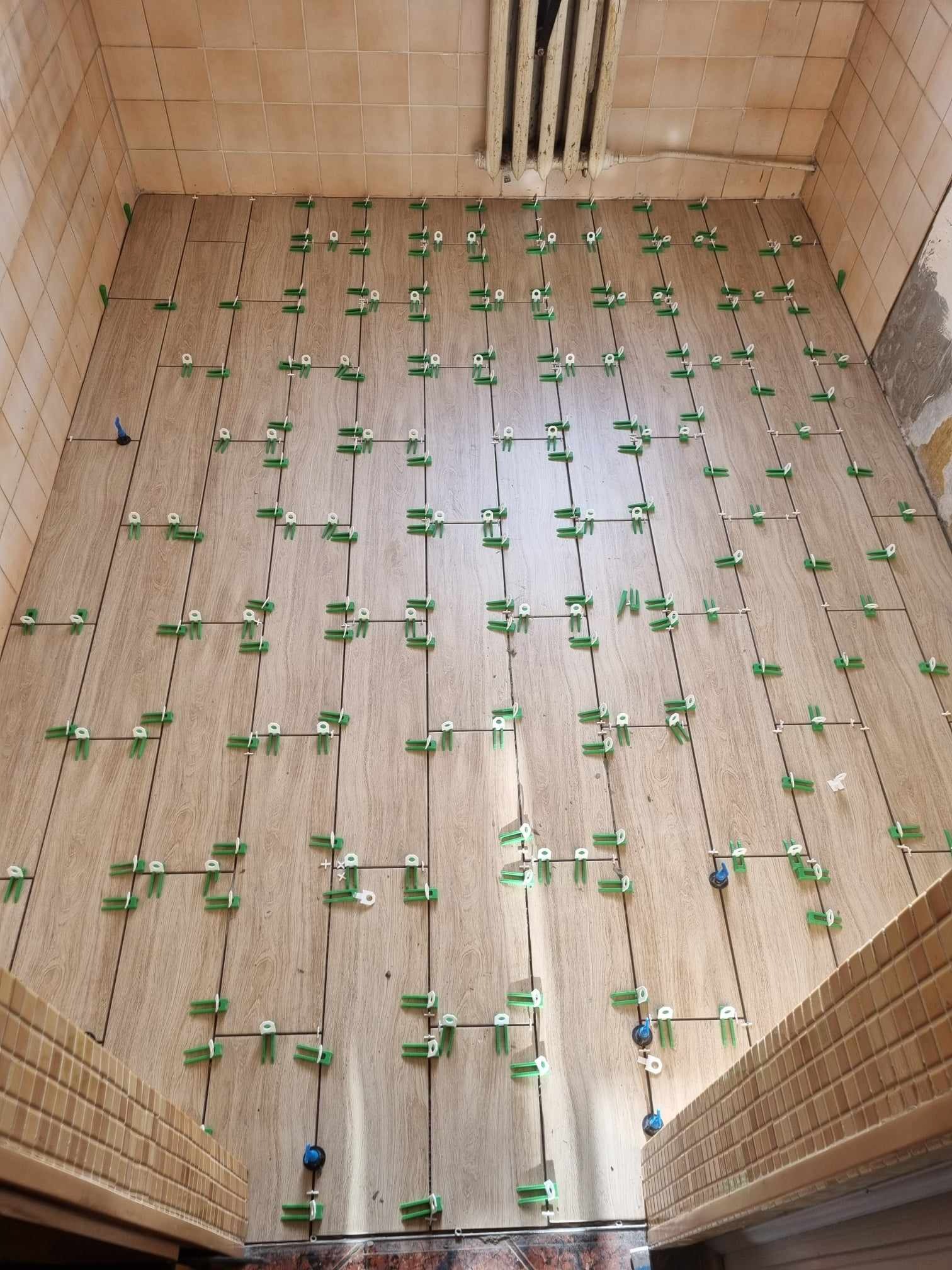 Świeżo ułożone płytki podłogowe imitujące drewno, z widocznymi systemami poziomowania w postaci zielonych klipsów i niebieskich klinów, na tle częściowo wykończonej ściany z beżowymi płytkami.