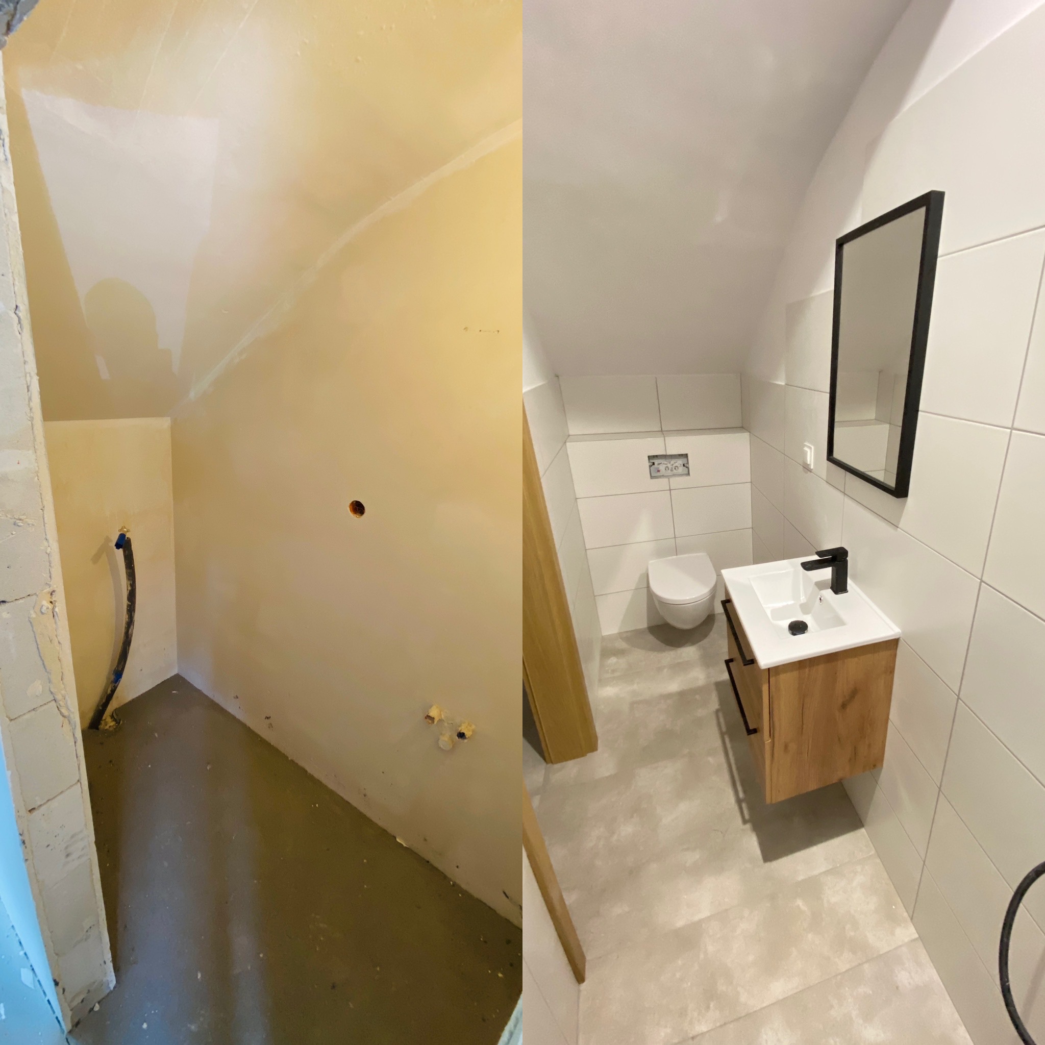 Zdjęcie przedstawia metamorfozę łazienki na poddaszu: po lewej surowe ściany przygotowane do prac wykończeniowych, po prawej nowoczesna łazienka z białą armaturą, drewnianą szafką pod umywalką...