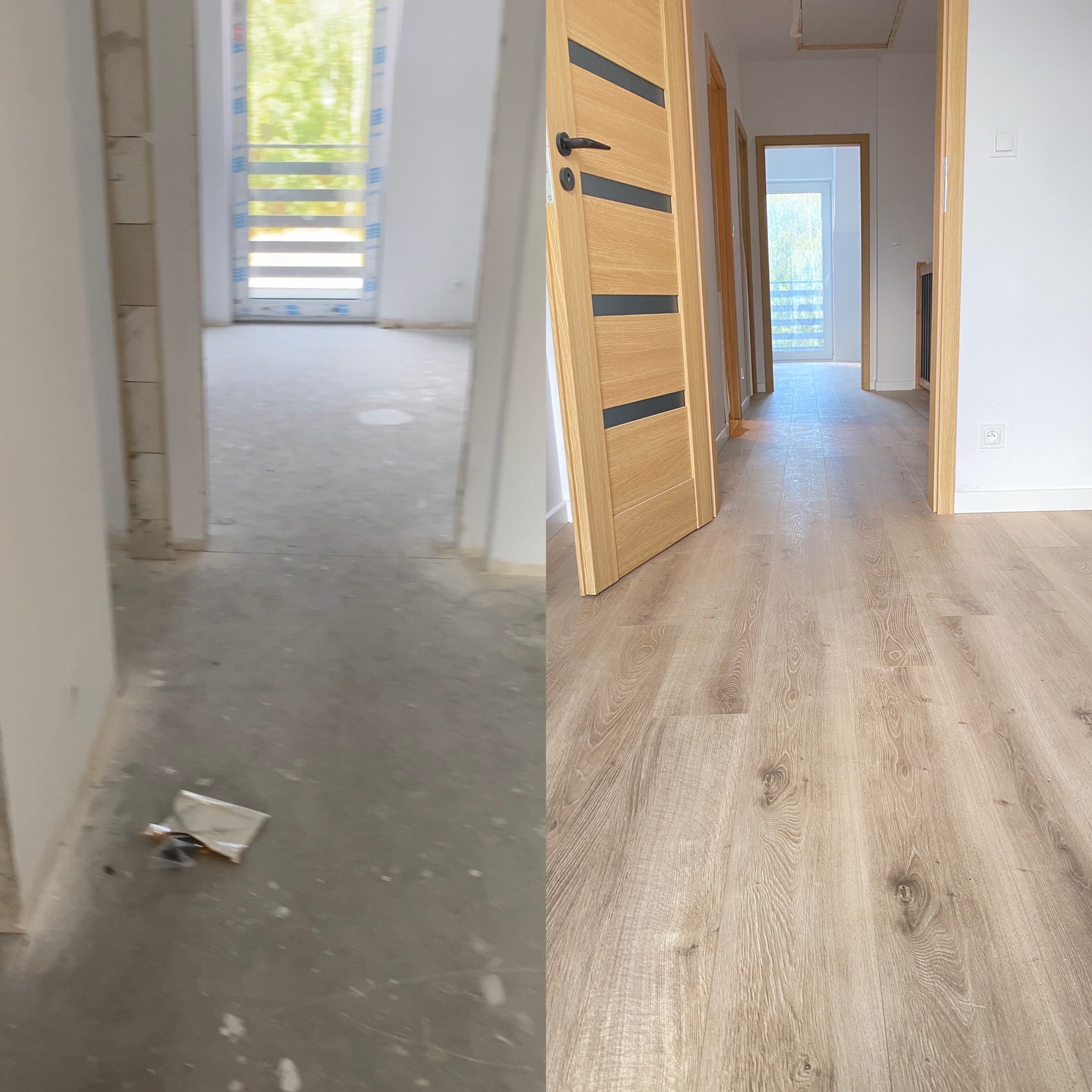 Porównanie stanu podłogi przed i po: surowy beton po lewej, panele podłogowe ułożone po prawej stronie, widoczne drzwi z czarnymi wstawkami w tle.