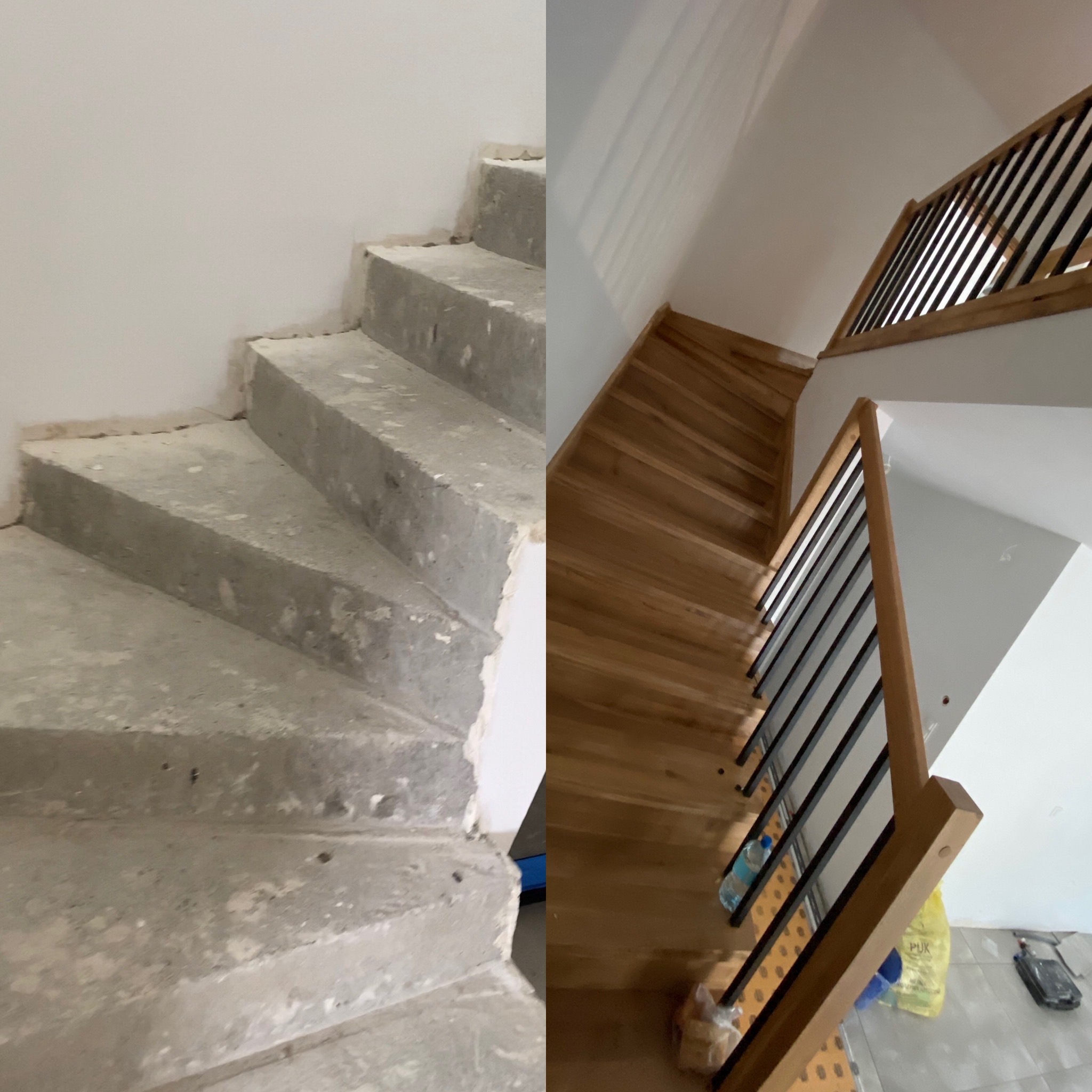 Porównanie stanu surowego betonowych schodów i wykończonych drewnem z czarną balustradą, widok z dołu.