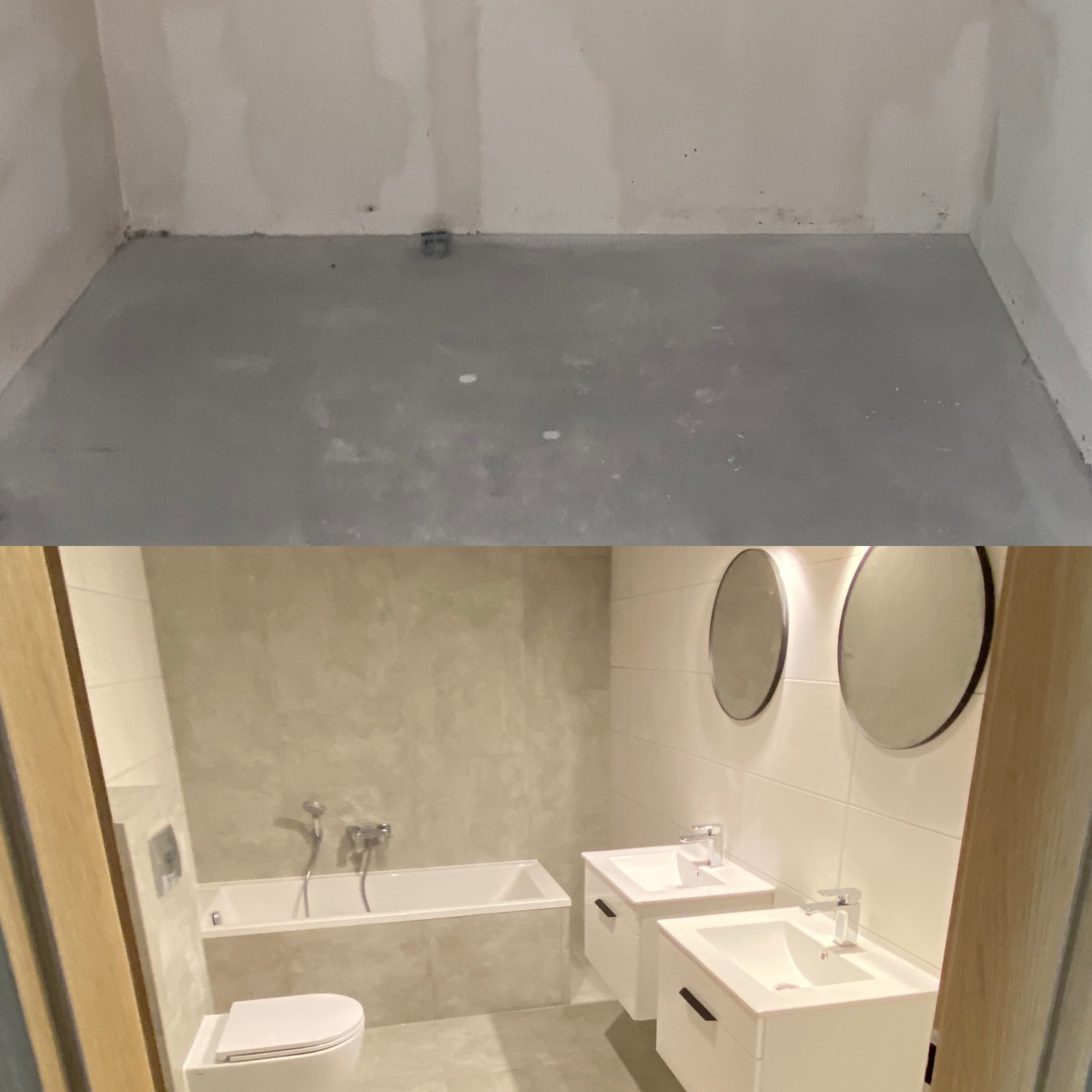 Zdjęcie przedstawia metamorfozę łazienki: górna część ukazuje surowy stan z szarą wylewką i przygotowanymi ścianami, a dolna część prezentuje wykończoną, nowoczesną łazienkę z białą armaturą, dwoma...