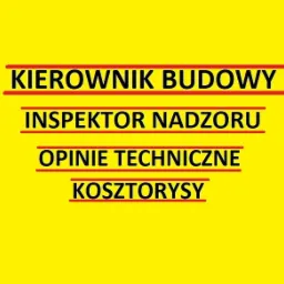 Tekst na jaskrawożółtym tle z czarnymi napisami: Kierownik Budowy, Inspektor Nadzoru, Opinie Techniczne, Kosztorysy, każda fraza podkreślona czerwoną linią.