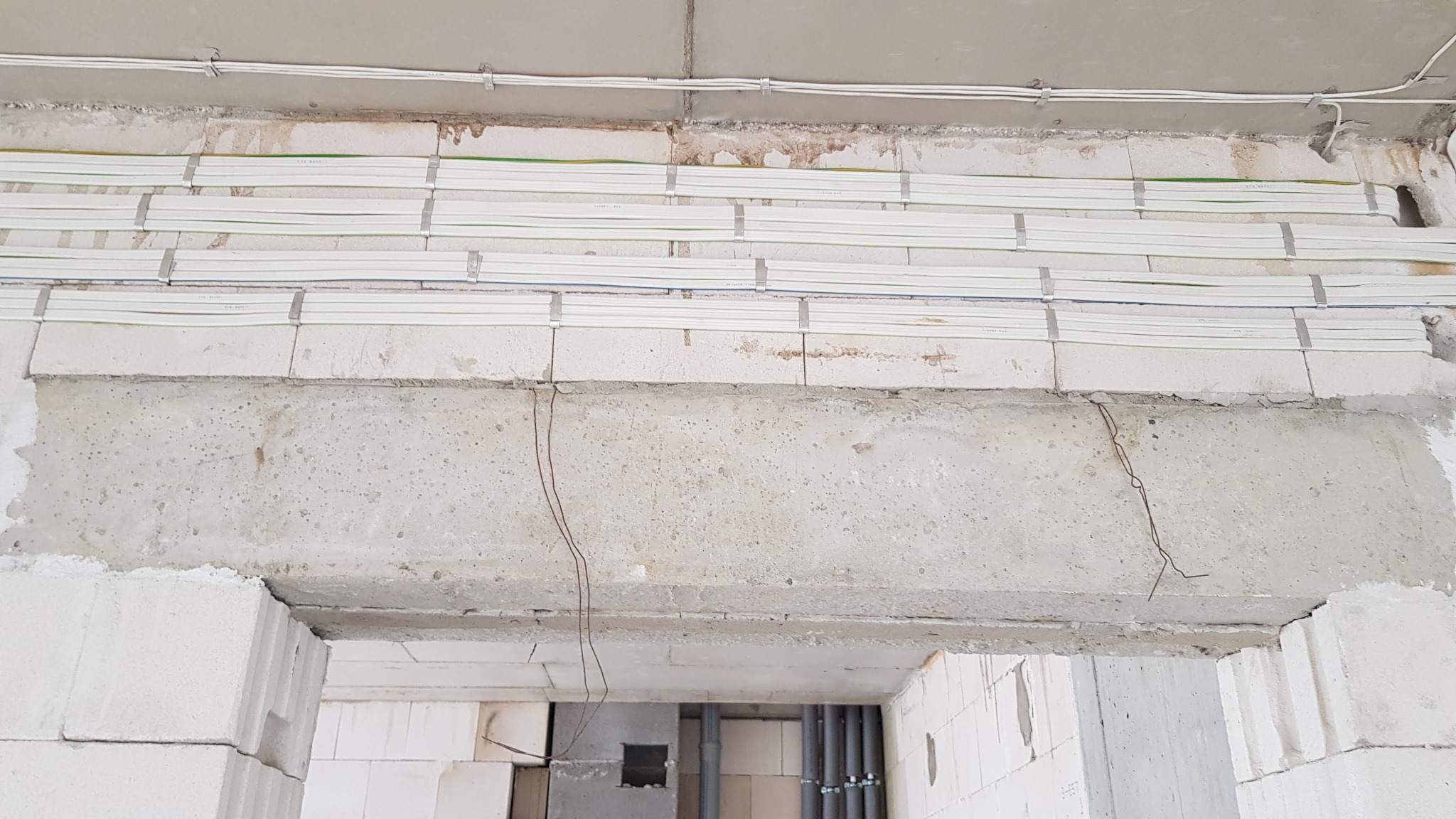 Białe kable elektryczne ułożone w korytach na surowym, betonowym suficie podczas prac instalacyjnych w nowym budynku.