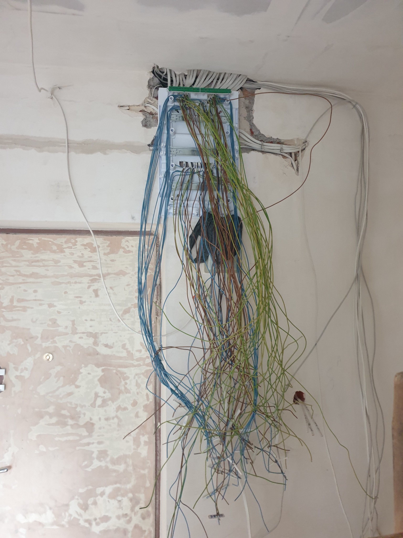 Rozdzielnica elektryczna z podłączonymi przewodami w kolorach niebieskim, zielonym i brązowym, wystającymi ze ściany w trakcie montażu instalacji elektrycznej w surowym wnętrzu.