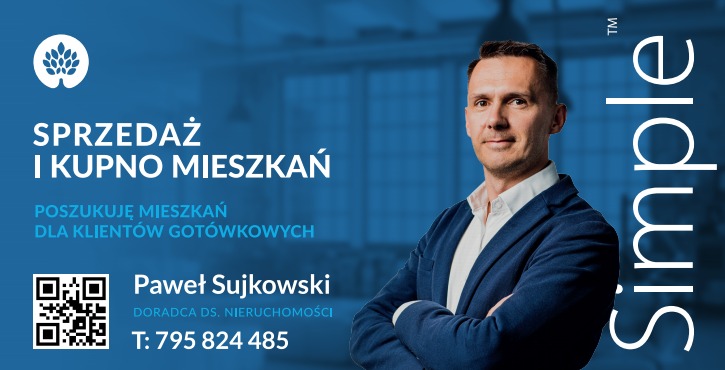 Grafika reklamowa z mężczyzną w marynarce, logo firmy, tekstem 'Sprzedaż i kupno mieszkań', QR kodem i danymi kontaktowymi Pawła Sujkowskiego, doradcy ds. nieruchomości.