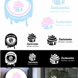 Projekt logo piekarni i cukierni 'Zachcianka' w różnych wariantach kolorystycznych i monochromatycznych, umieszczone na szyldzie i witrynie sklepowej.