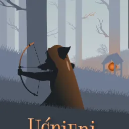 Ilustracja wektorowa przedstawiająca postać w kapturze z łukiem na tle mglistego lasu z chatką, tytuł 'Uśpieni' na dole.