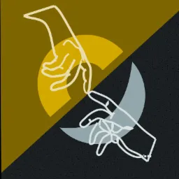 Stylizowana grafika przedstawia dwie dłonie zbliżające się do siebie na tle podzielonym na żółto-brązową górną część z okręgiem oraz czarno-szarą dolną część z półksiężycem.