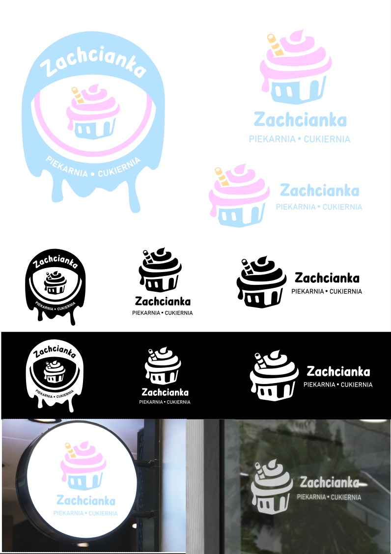 Projekt logo piekarni i cukierni 'Zachcianka' w różnych wariantach kolorystycznych i monochromatycznych, umieszczone na szyldzie i witrynie sklepowej.