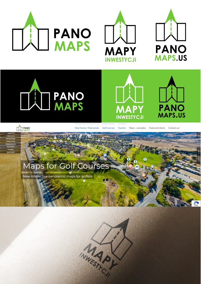 Kompilacja logo z motywem mapy: Pano Maps w różnych wariantach kolorystycznych i zastosowaniach, w tym na stronie internetowej z interaktywną mapą pola golfowego oraz wytłoczone na papierze.