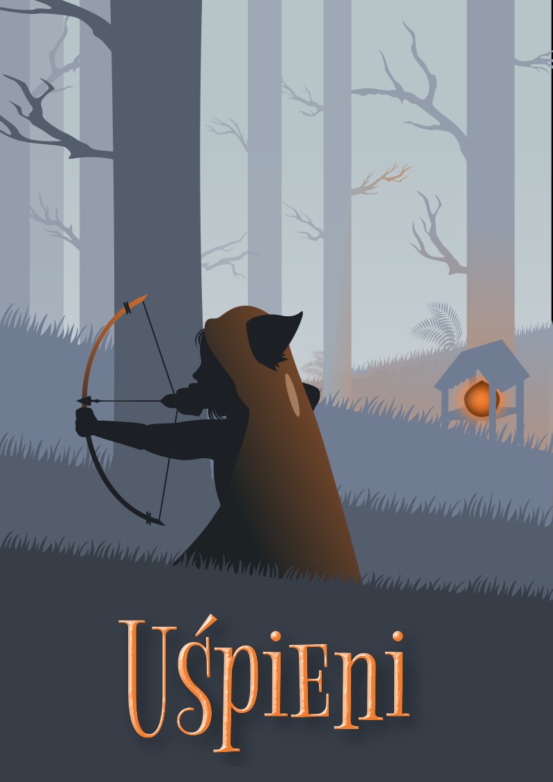 Ilustracja wektorowa przedstawiająca postać w kapturze z łukiem na tle mglistego lasu z chatką, tytuł 'Uśpieni' na dole.