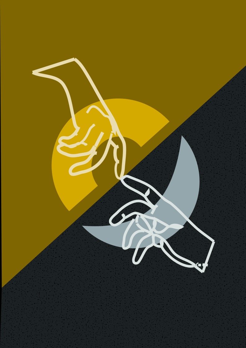 Stylizowana grafika przedstawia dwie dłonie zbliżające się do siebie na tle podzielonym na żółto-brązową górną część z okręgiem oraz czarno-szarą dolną część z półksiężycem.