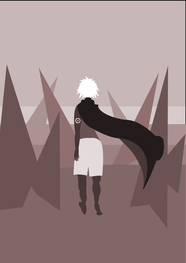 Stylizowana ilustracja postaci z białymi włosami i peleryną stojącej tyłem na tle geometrycznych gór w odcieniach brązu.
