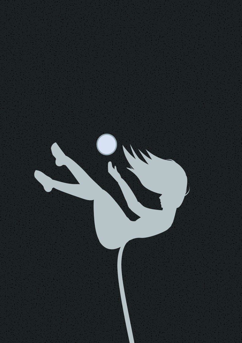 Minimalistyczna ilustracja przedstawiająca spadającą postać kobiety w sukience, wyciągającej rękę w stronę świetlistej kuli na tle ciemnego, teksturowanego nieba.