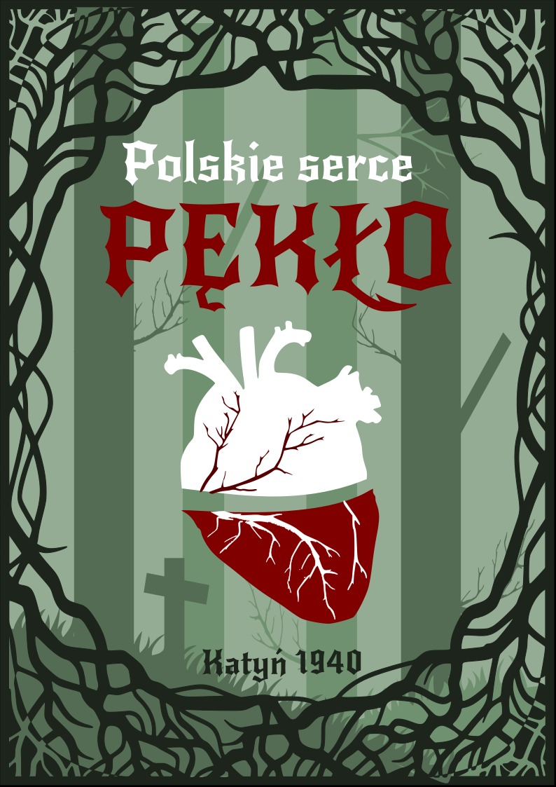 Ilustracja w odcieniach zieleni przedstawiająca biało-czerwone serce na tle lasu z nagrobkiem, z napisem 'Polskie serce PĘKŁO Katyń 1940', otoczona ramą z gałęzi.