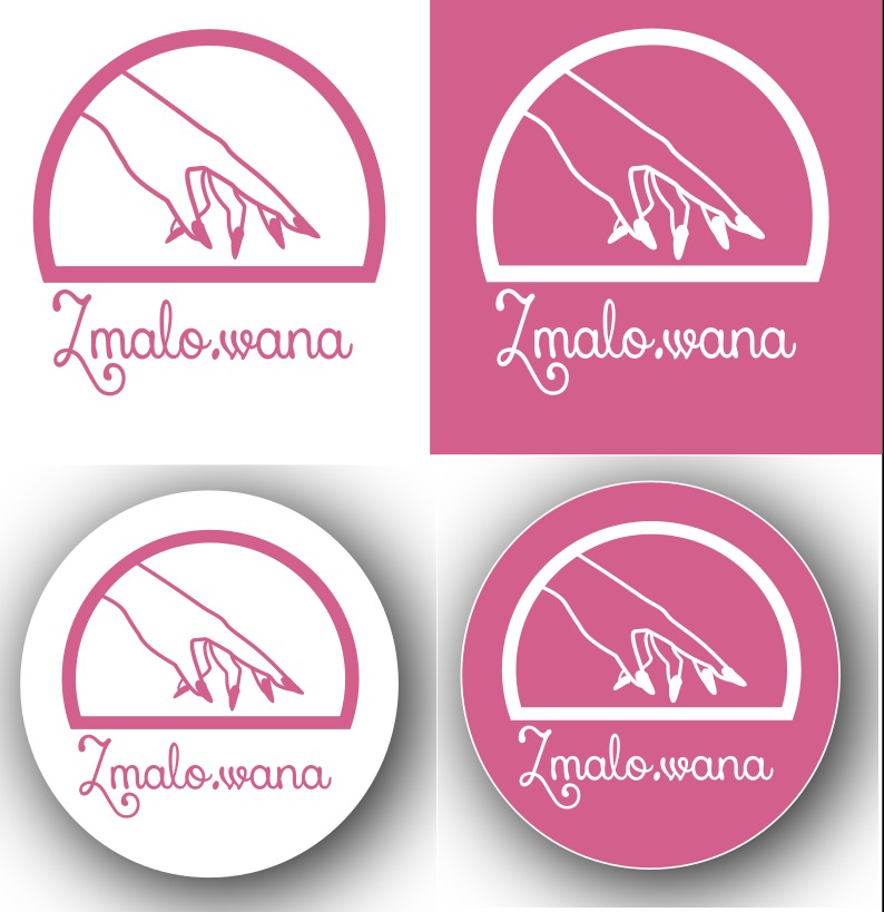 Cztery wersje minimalistycznego logo przedstawiającego dłoń z długimi paznokciami w półokręgu nad stylizowanym napisem 'Zmalowana' w odcieniach różu i bieli na różnych tłach.