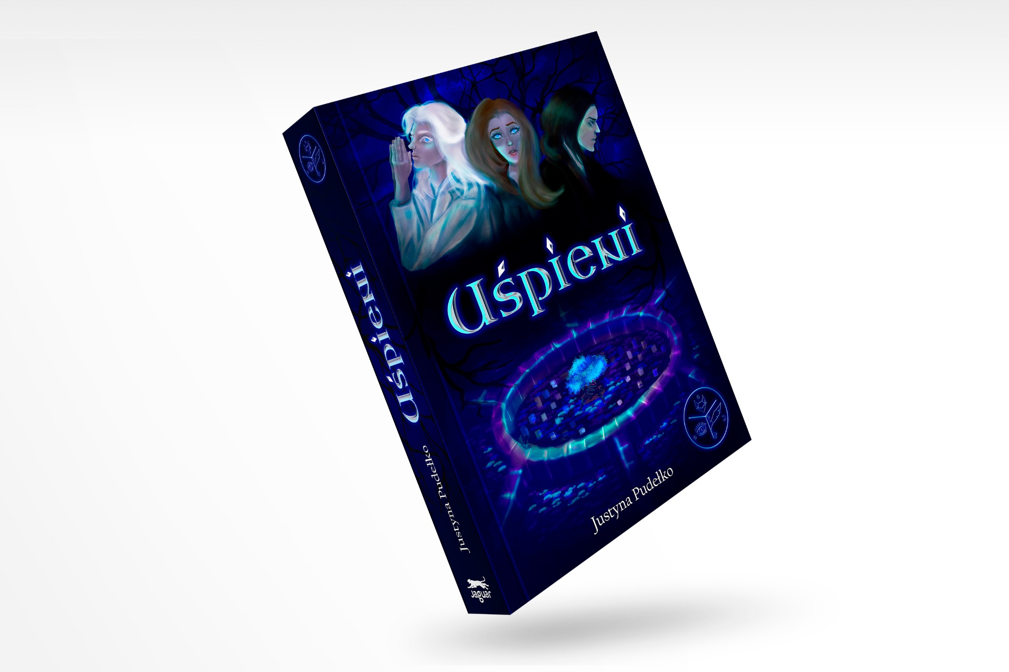 Ilustracja okładki gry planszowej w odcieniach granatu z trzema postaciami kobiecymi i tytułem 'Uśpieni' w neonowym stylu.