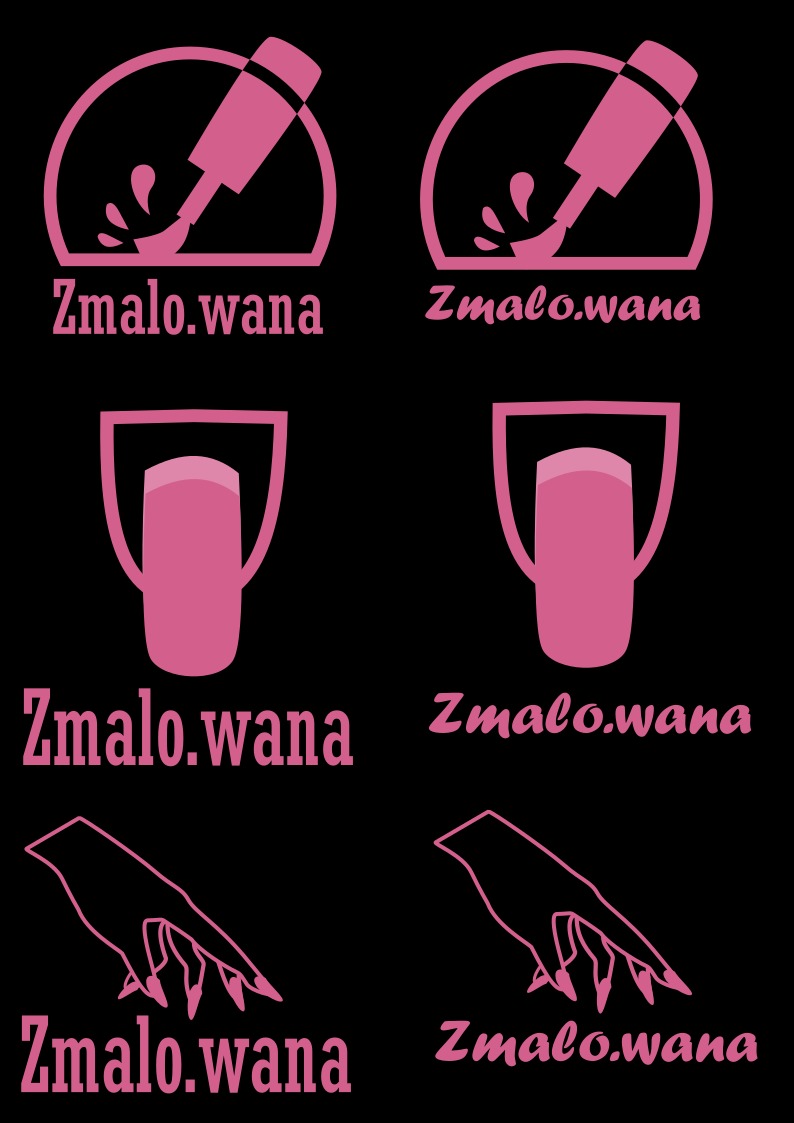 Cztery warianty różowego logo z nazwą firmy 'Zmalo.wana' przedstawiające motywy związane z manicure: buteleczka lakieru z kroplami, pomalowany paznokieć oraz dłoń z długimi paznokciami, na czarnym...