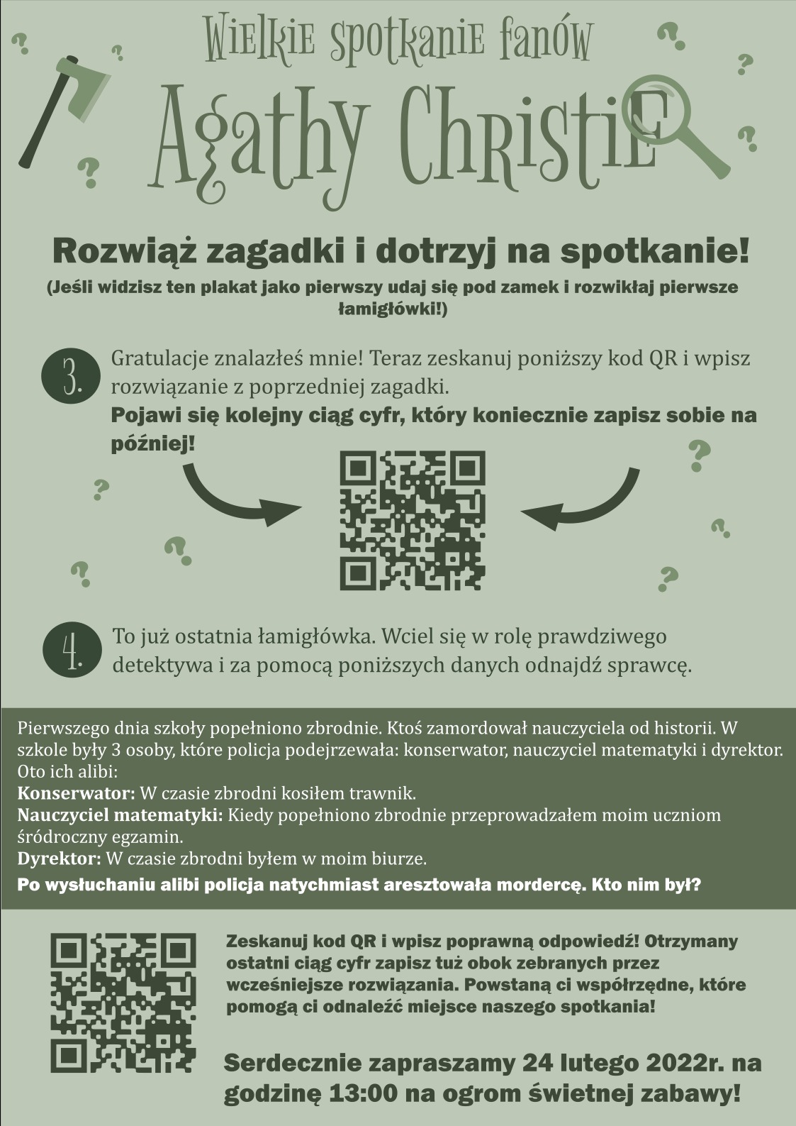 Plakat zapraszający na spotkanie fanów Agathy Christie, z zagadkami i kodami QR do zeskanowania, utrzymany w stonowanej zielonej kolorystyce.