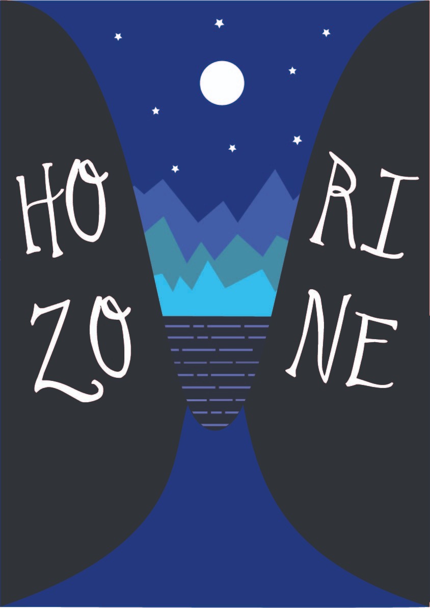 Abstrakcyjna grafika przedstawiająca nocny krajobraz z górami, jeziorem i gwiazdami, otoczony ciemnymi kształtami z napisem 'HORIZONE' po bokach.